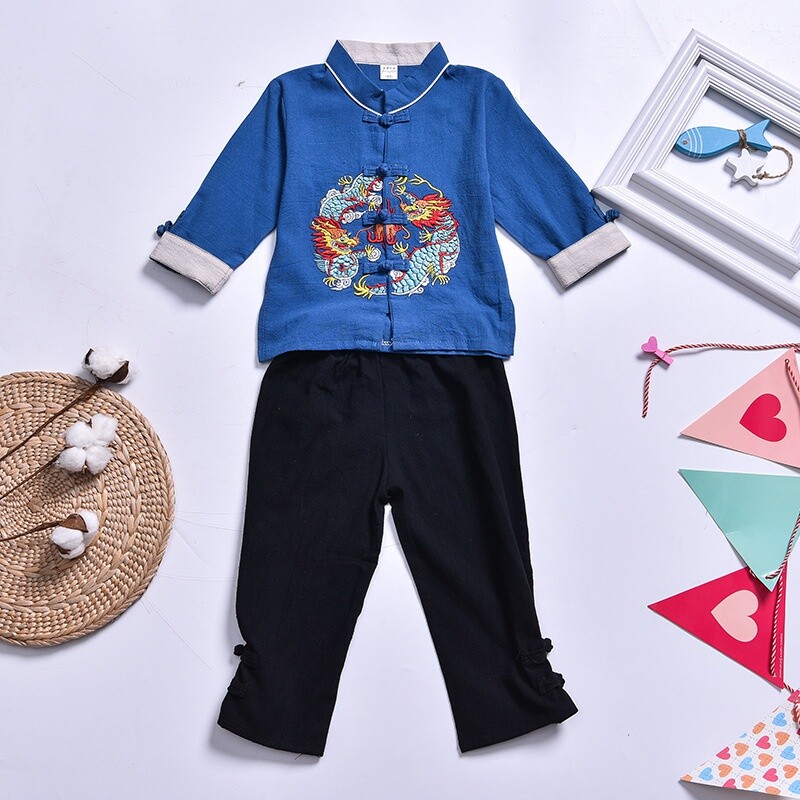 2X Kids Boy Hanfu Chinese Tang Suit Outfits Cute New Year Costume Embroidery