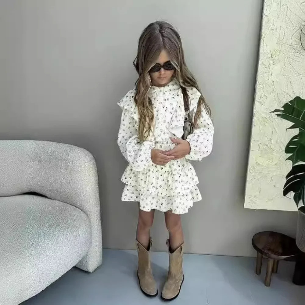 New Girl’s Dress Autumn Floral Lace Shirt+Cake Skirt Two-piece Set