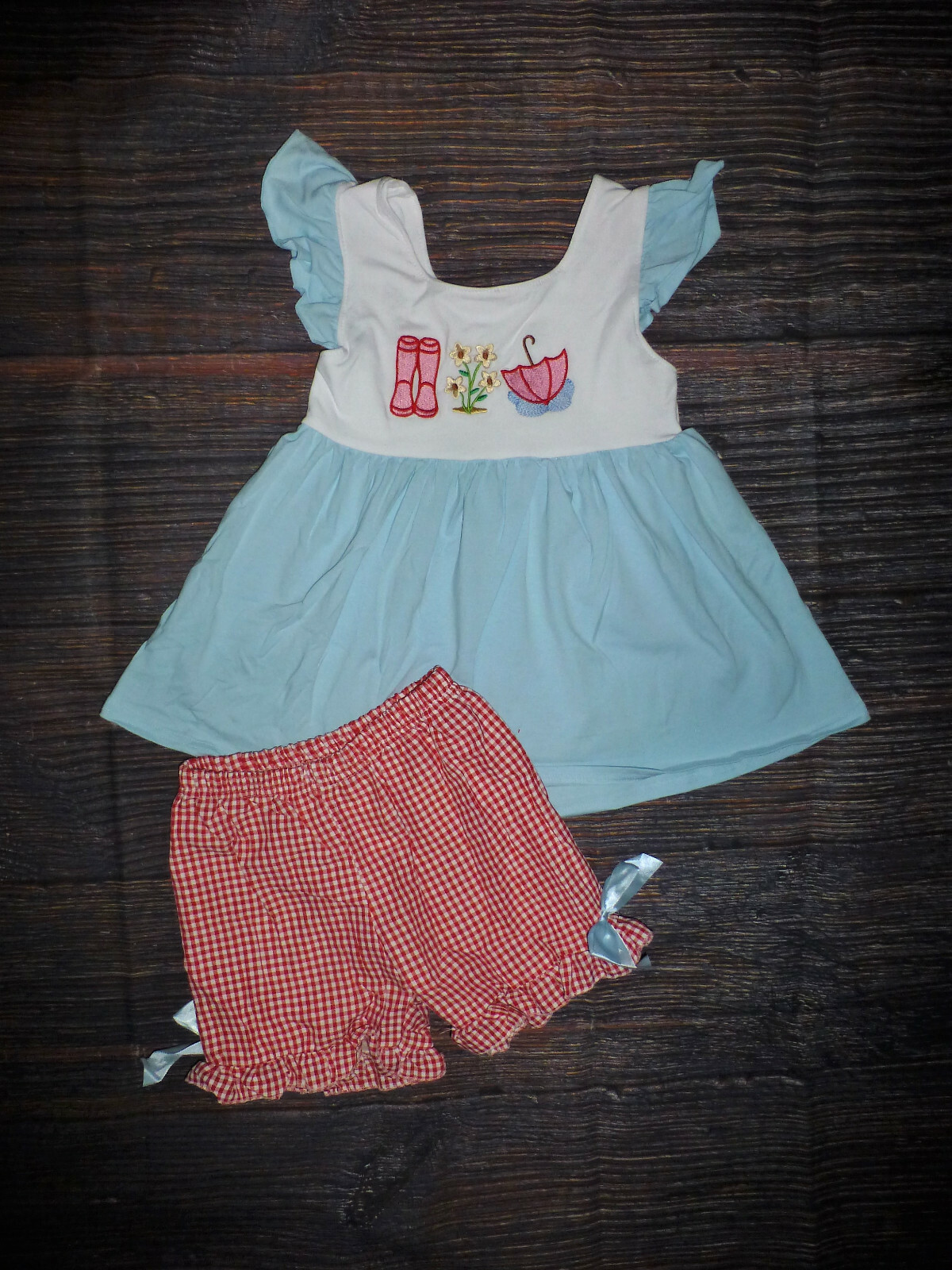 Boutique Embroidered Spring Flowers Rain Boots Tunic Bubble Shorts Girls Outfit