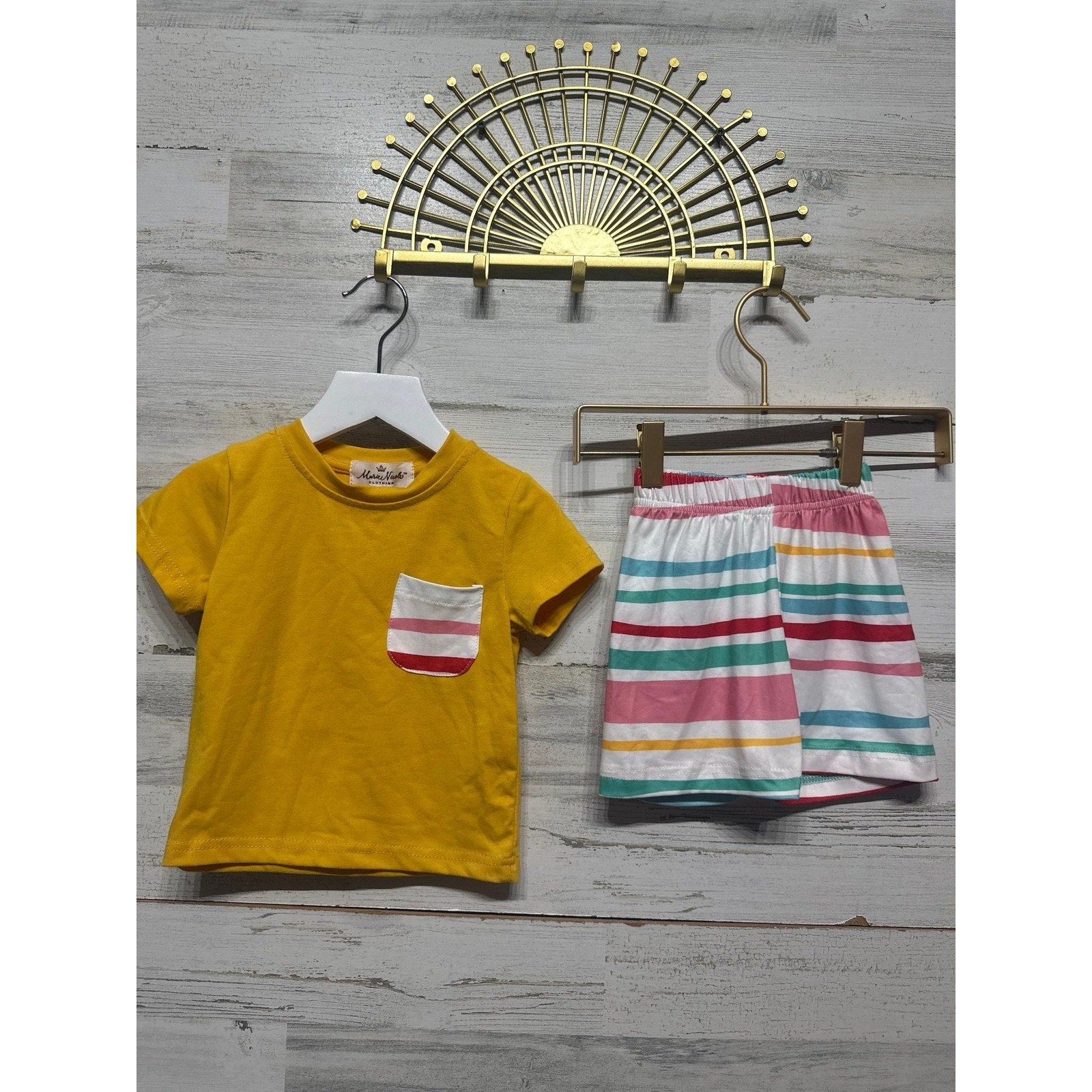 Marie Nicole Clothing Short Set Fits 6-12m Yellow Striped Pocket EUC