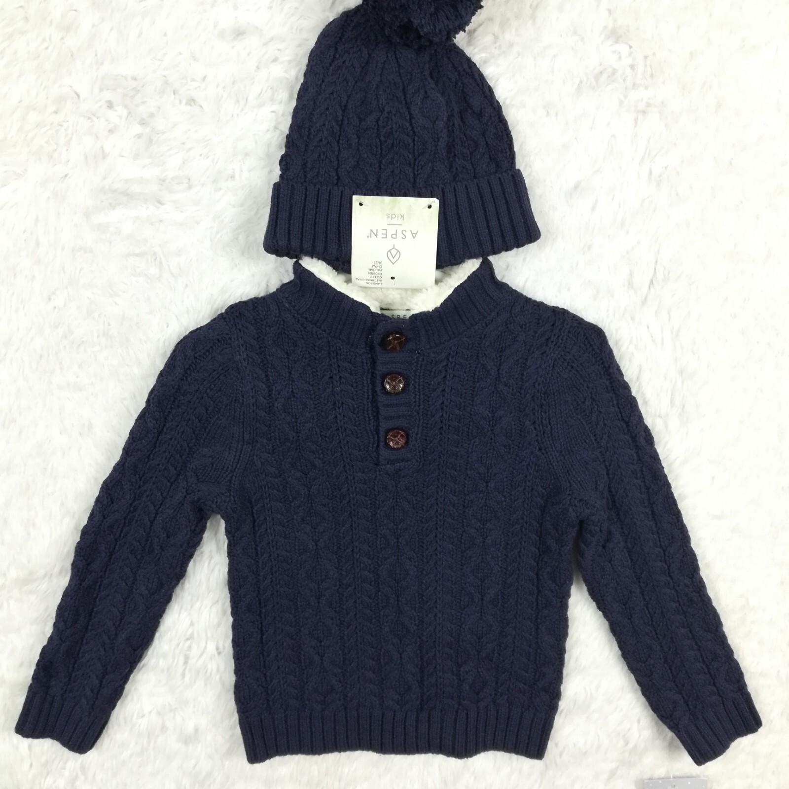 Aspen Boys Baby Sweater Beanie Set 2 Piece Ribbed Navy Sherpa Lined 12M New