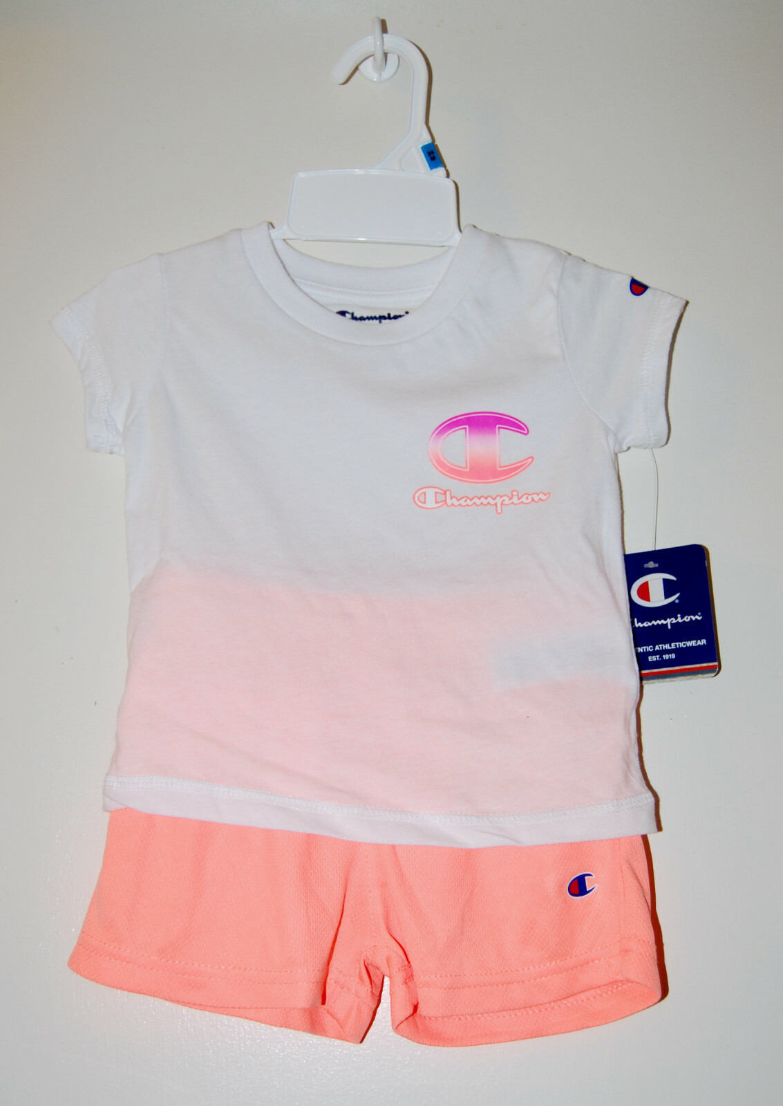 NWT Champion Infant Girls White & Peach Graphic Logo SS 2pc Short Set sz 24M
