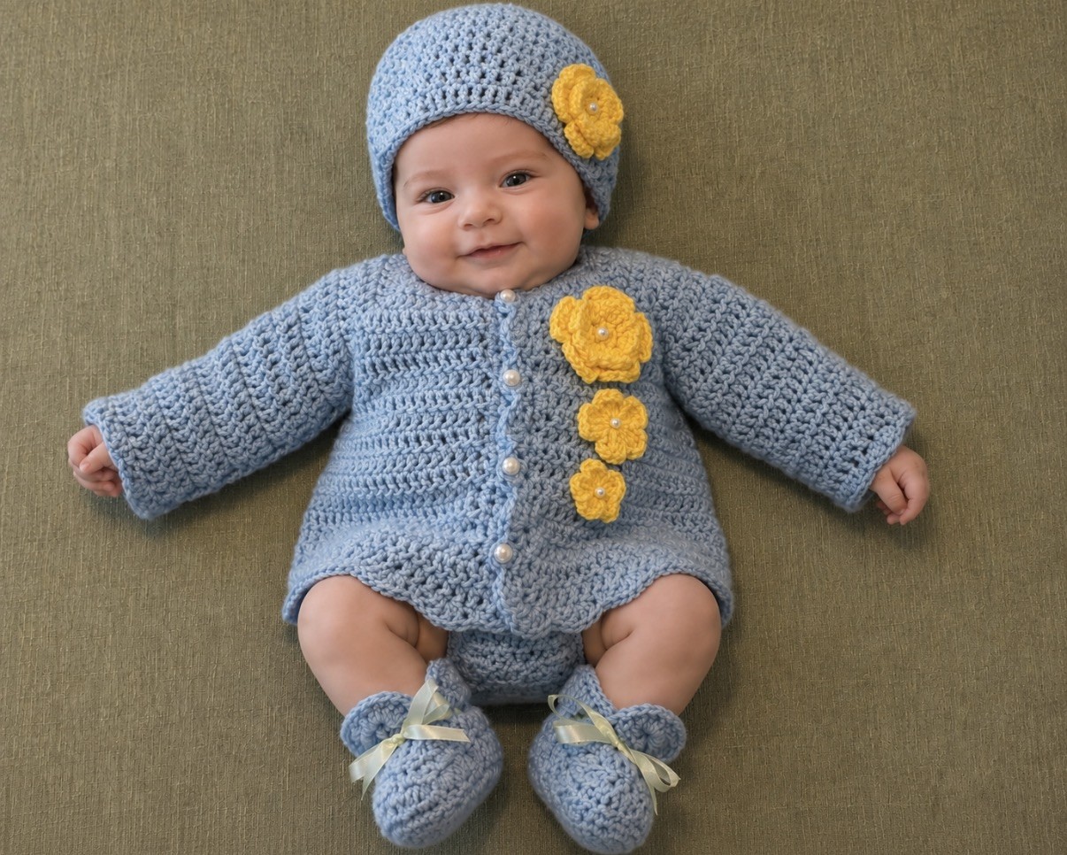 Handmade Crochet Baby Sweater Hat Booties Set with Flower & Bow Accents