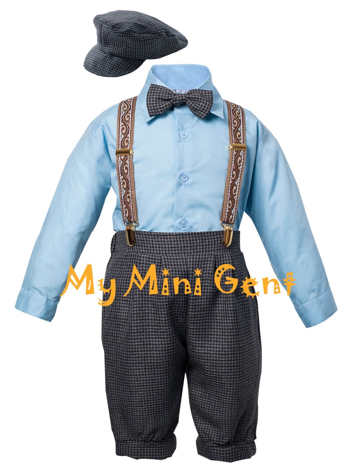 Vintage Baby Boys Toddlers Tuxedo Knickers Outfit Houndstooth Blue and Ivory