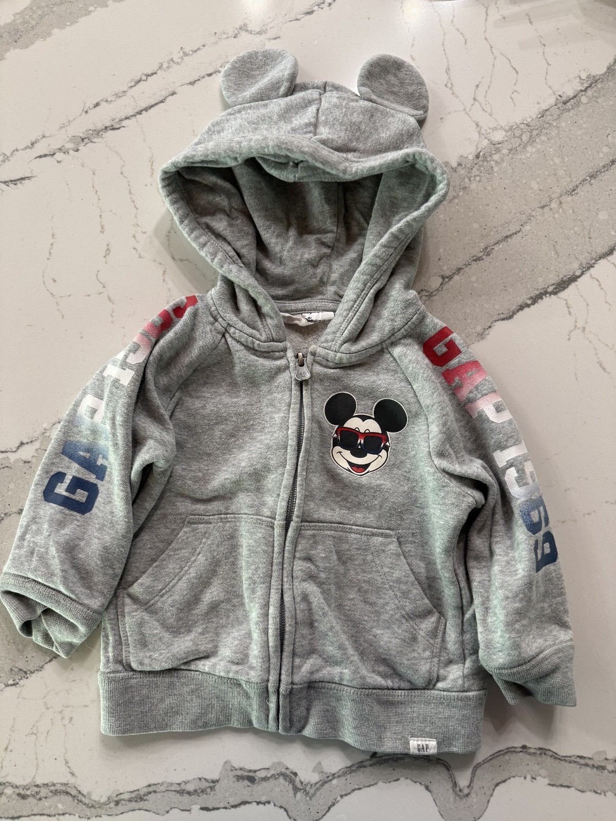 babyGap Disney Mickey Mouse Hoodie Jacket Boys 18M Gray Zip Up Ears GAP Logo