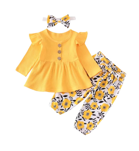 Yellow Newborn Girl Clothing Set – Knit Long Sleeve Top with Floral Pants