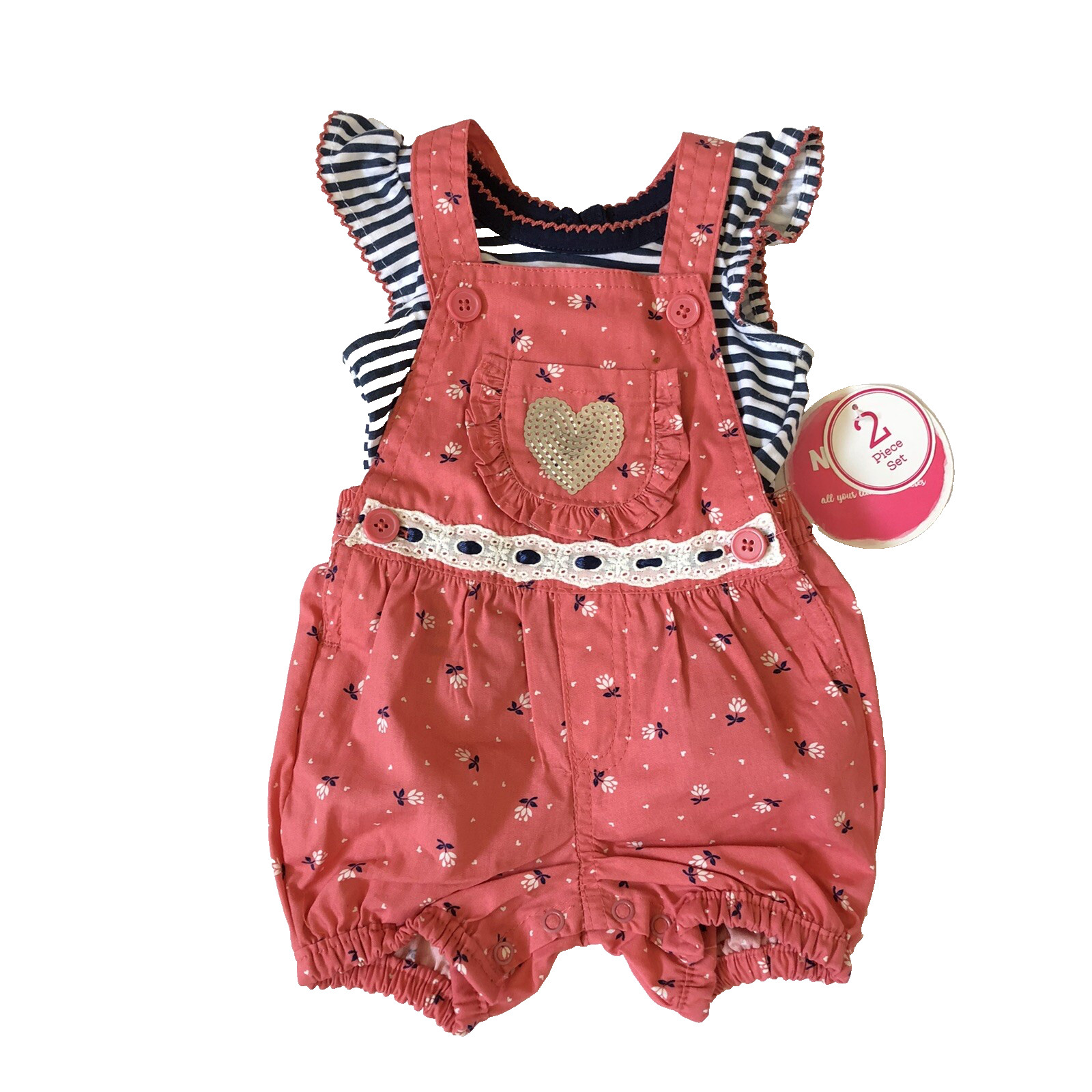 NANNETTE KIDS NWT Size 3-6 Month Salmon Coverall Navy Stripe Top-2 Piece Set