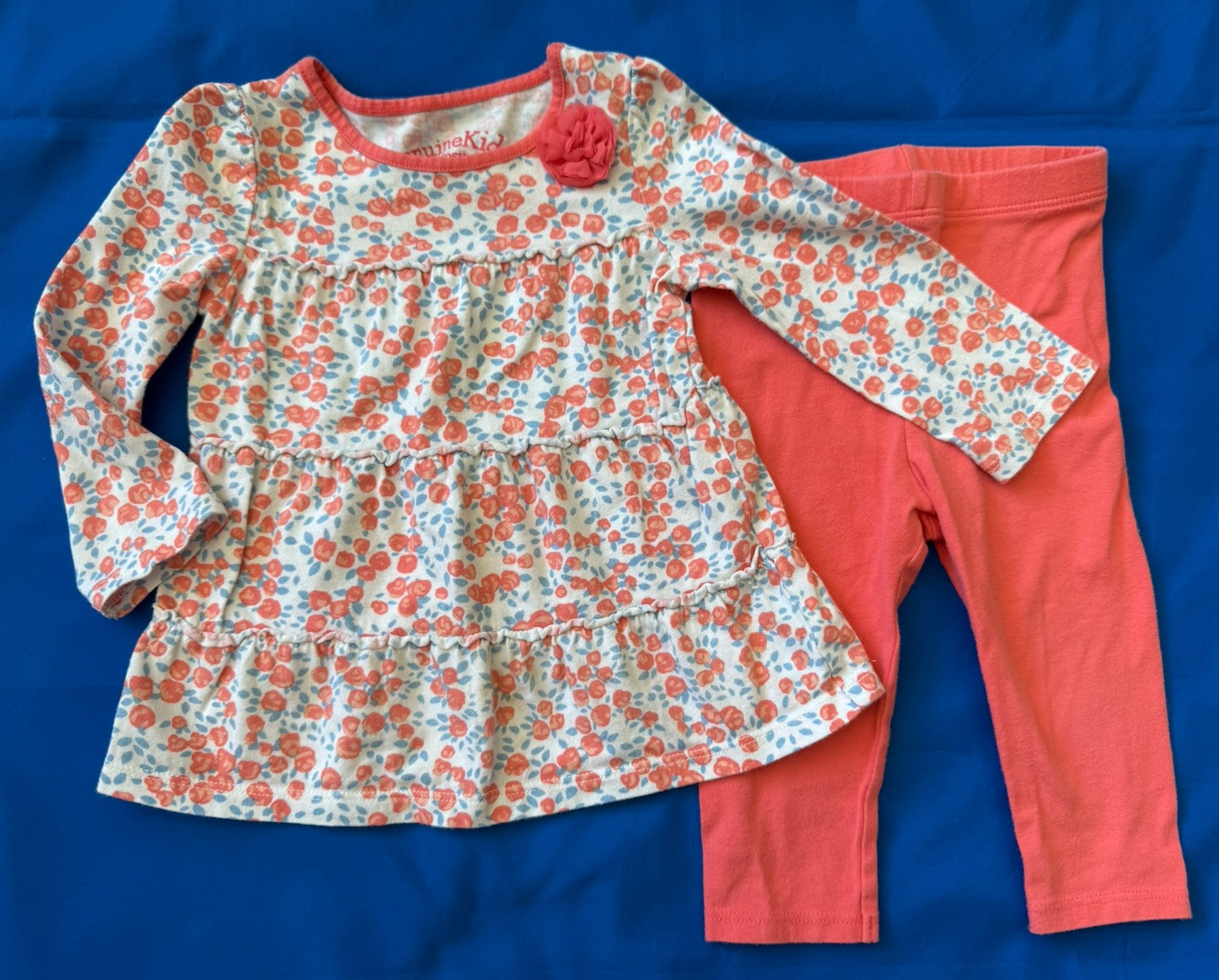 OshKosh Baby Girls 12M Outfit Coral & Blue Floral Ruffle Top & Coral Leggings