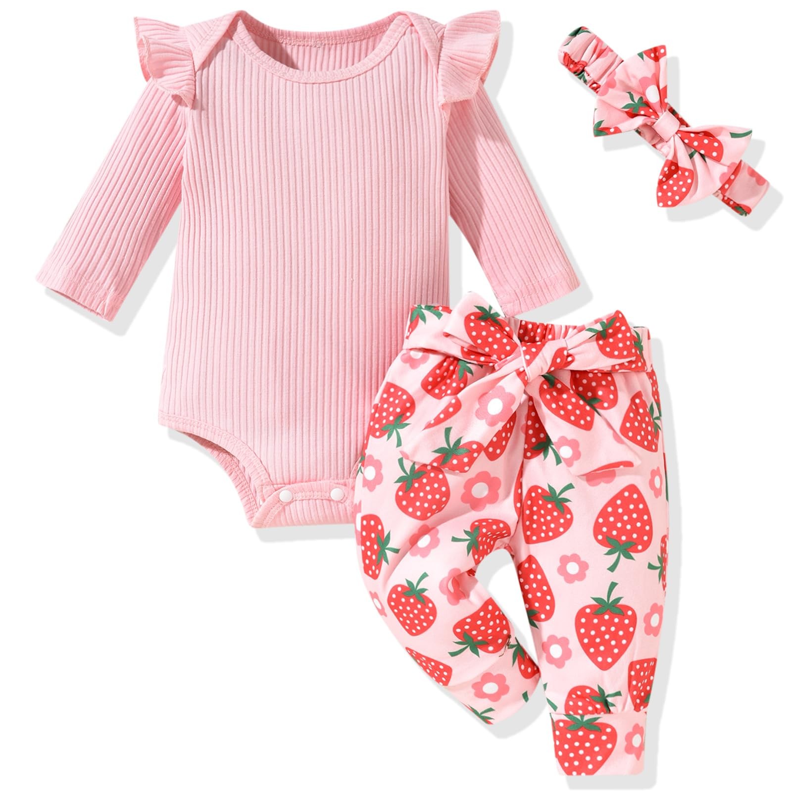 0-3 Months Infant Baby Girls Fall Winter Clothes Set Strawberry Long Sleeve P…