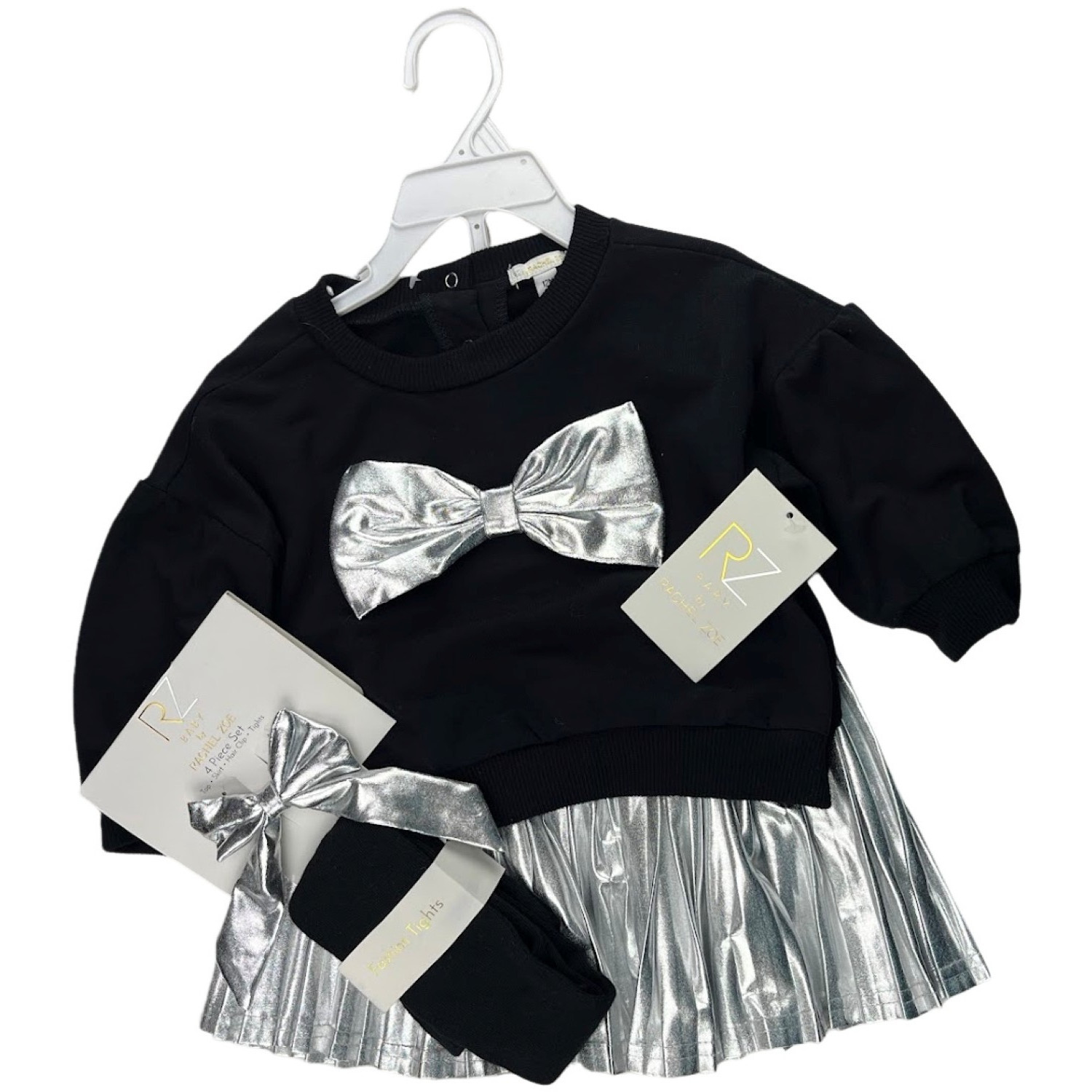Rachel Zoe Baby Girl 12 Mos Black Silver Skirt Outfit Set 4pc Tights Top NWW