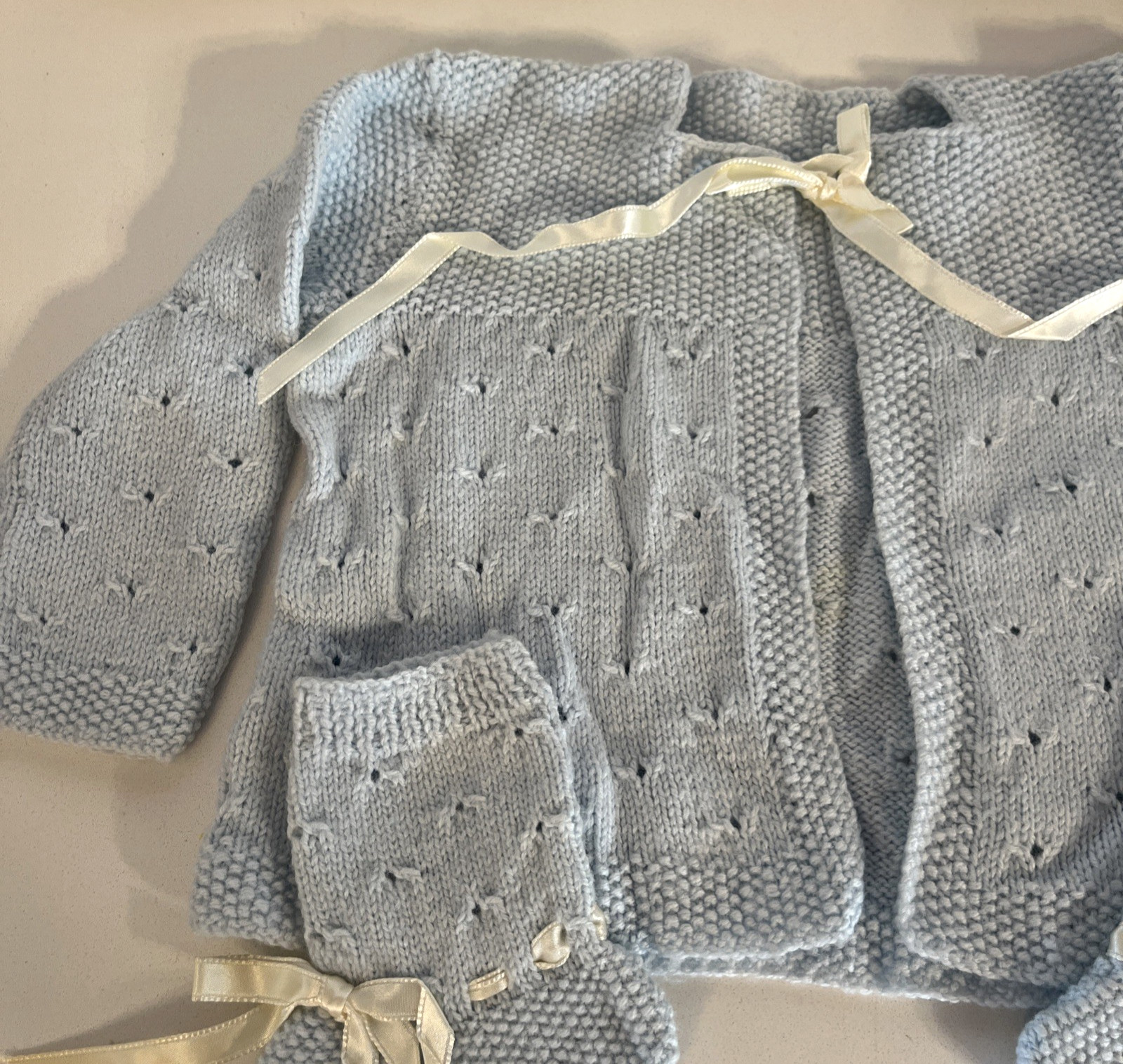 Vintage Baby Sweater & Booties Handknitted Fancy Blue with White Satin Ribbon