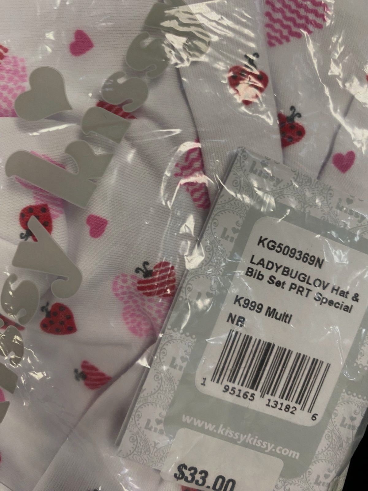 $33 Kissy Kissy Baby White Red Pima Cotton Ladybug Love Bow Hat Bib Set Size NB