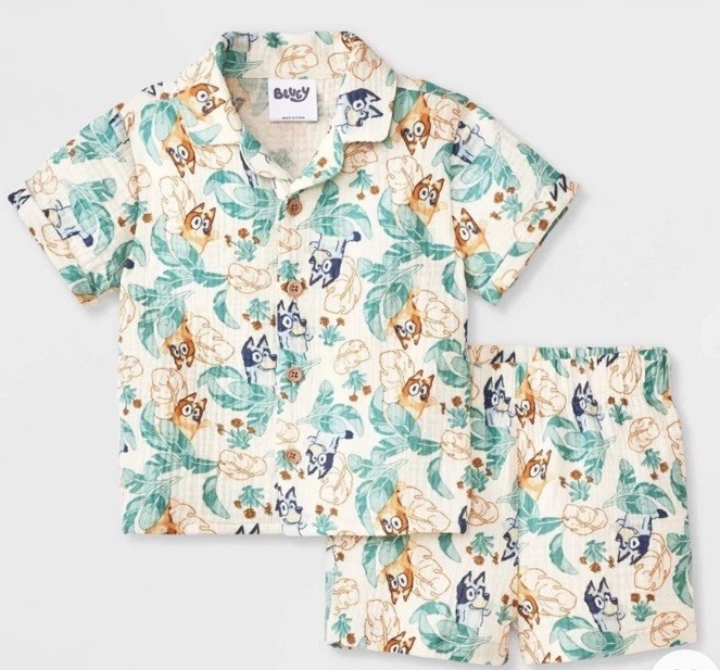 NEW Baby Boys 2pc Bluey Gauze Button-up Top & Shorts Outfit Set – Sz Newborn