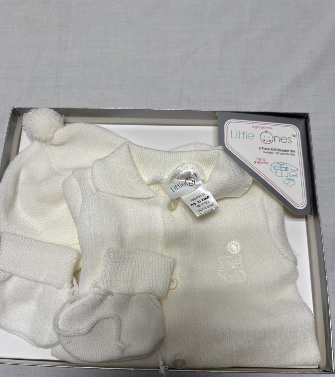 Little Ones 3-Piece Knit Sweater Set for Newborn Baby Solid White Baptism Vtg