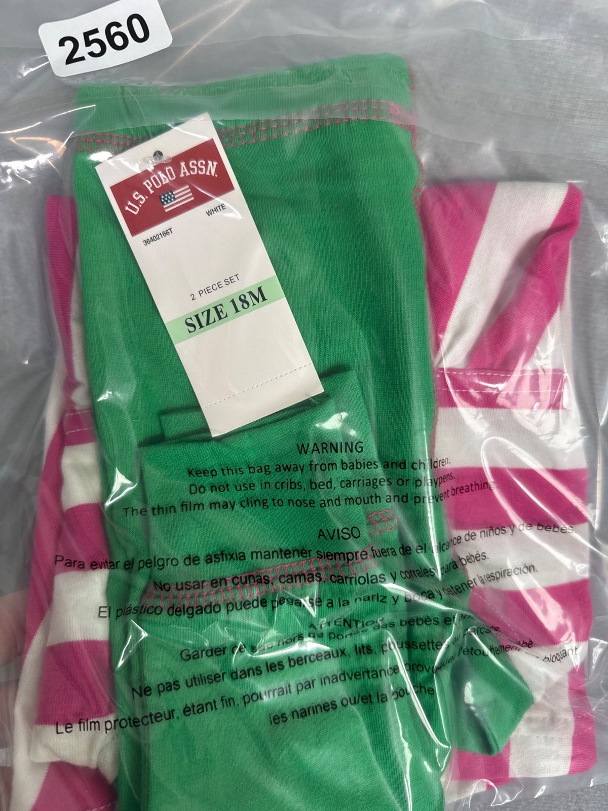 U.S. Polo Assn. Baby 2-Piece Striped Dress W/Leggings 18M Pink/Green Horse