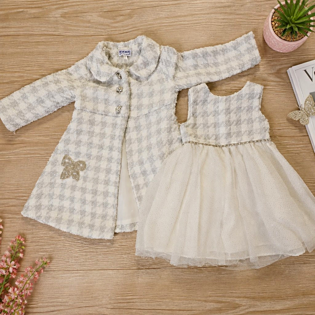 Blueberi Boulevard Girls 2 Pc Dress Coat Set 3T White Silver Bow Rhinestone