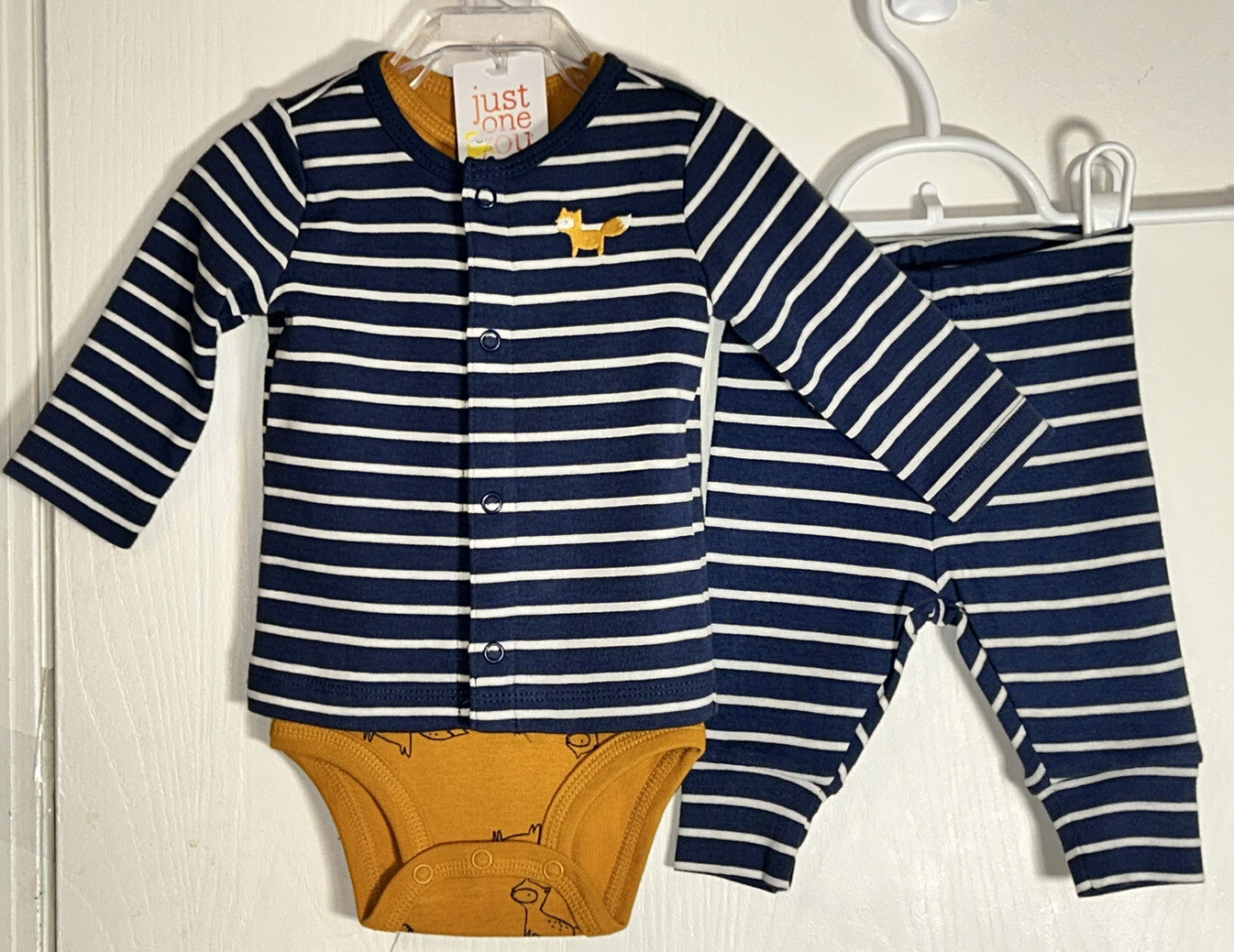 Just One You Baby Boy 3M Outfit 3 Piece Blue/White Stripes Fox Brown Top NWT