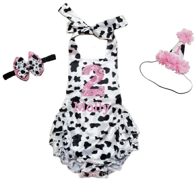 Cowgirl 2nd Birthday Romper – Cow Print & Pink Bandana – Personalized ROMPER