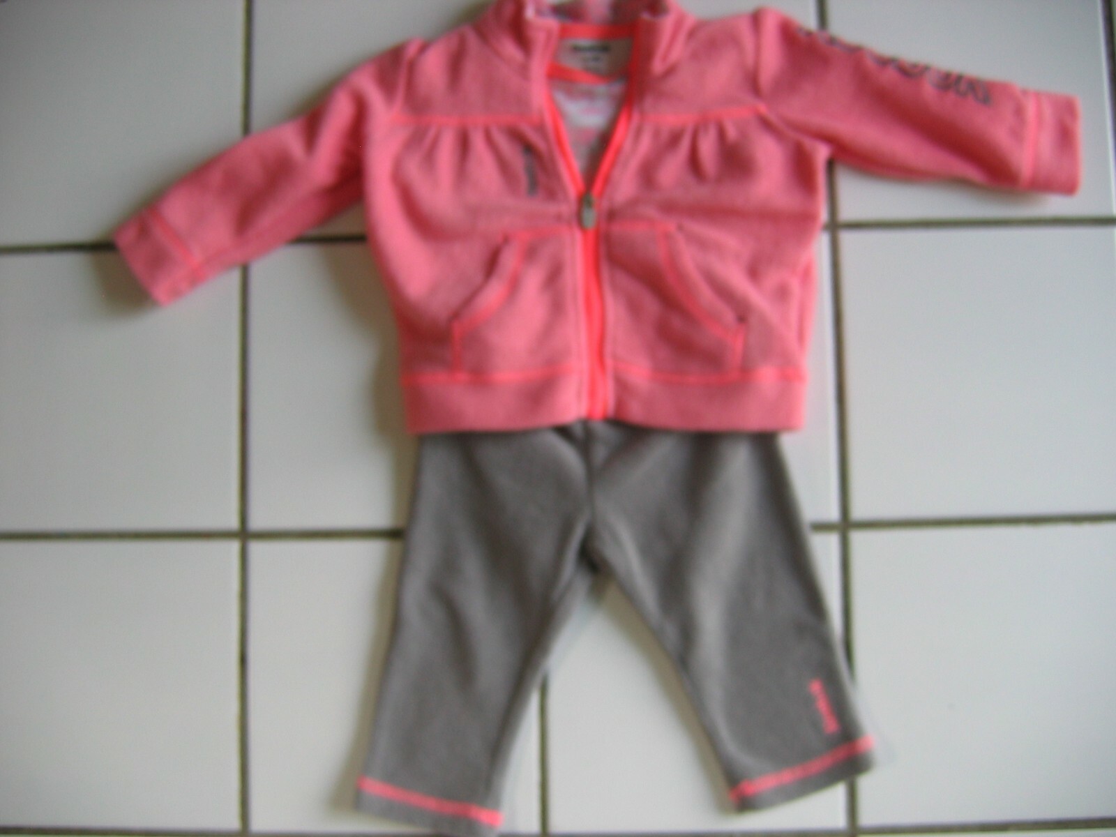 REEBOK 3 Pc Set Pants Bodysuit Jacket Gray Pink Orange 6-9 Mos Polyester /Cotton
