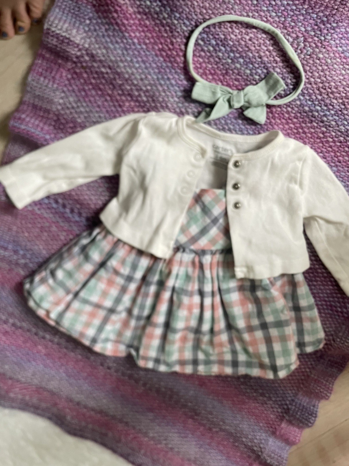 Carter’s Plaid Dress Set 3-6M 3-Piece Dress Cardigan Headband Long Sleeve