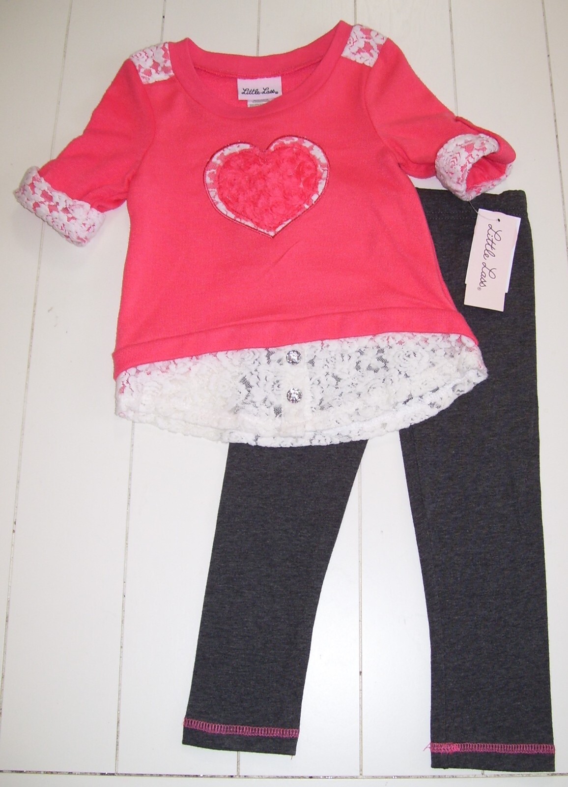 Little Lass 2 Pc Coral Gray Heart Floral Lace Knit Sweater Leggings Outfit 2T