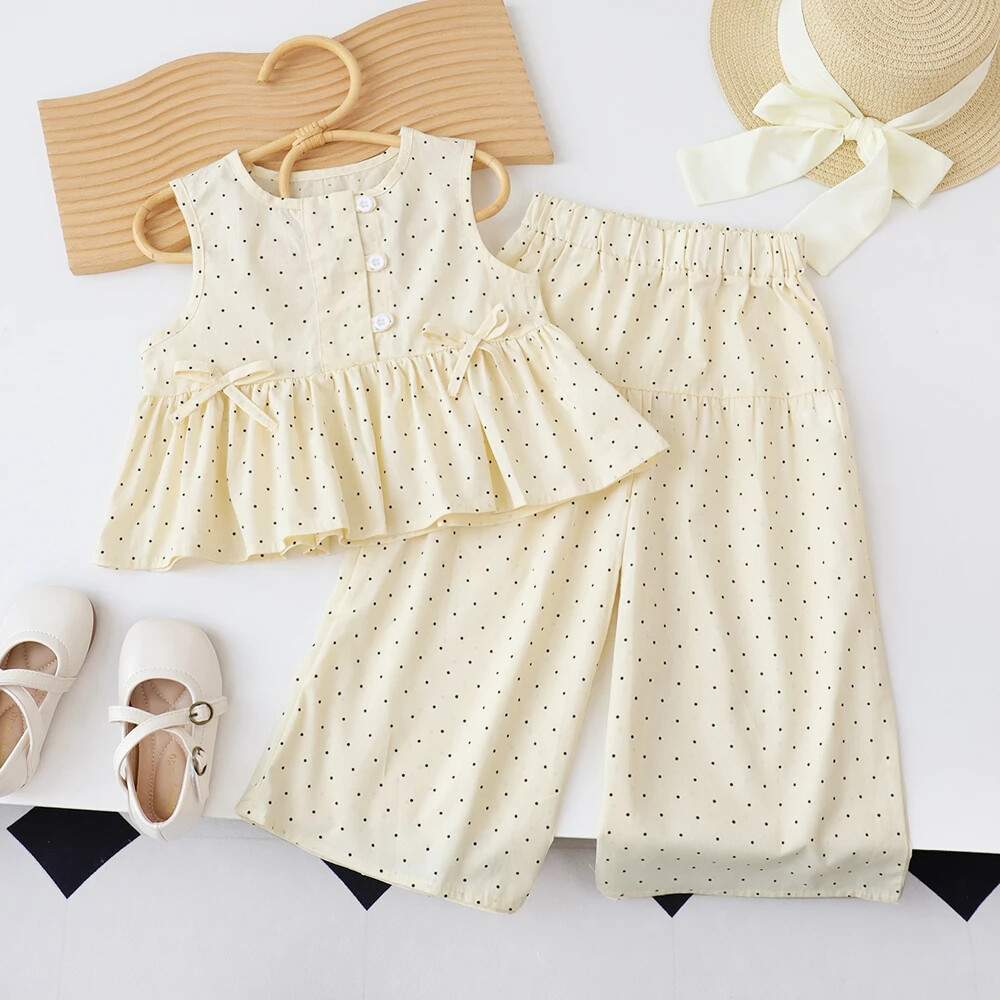 Baby Girl’s Casual Round Neck Top+Wide Leg Pants Set with Bow and Botton 2PCS