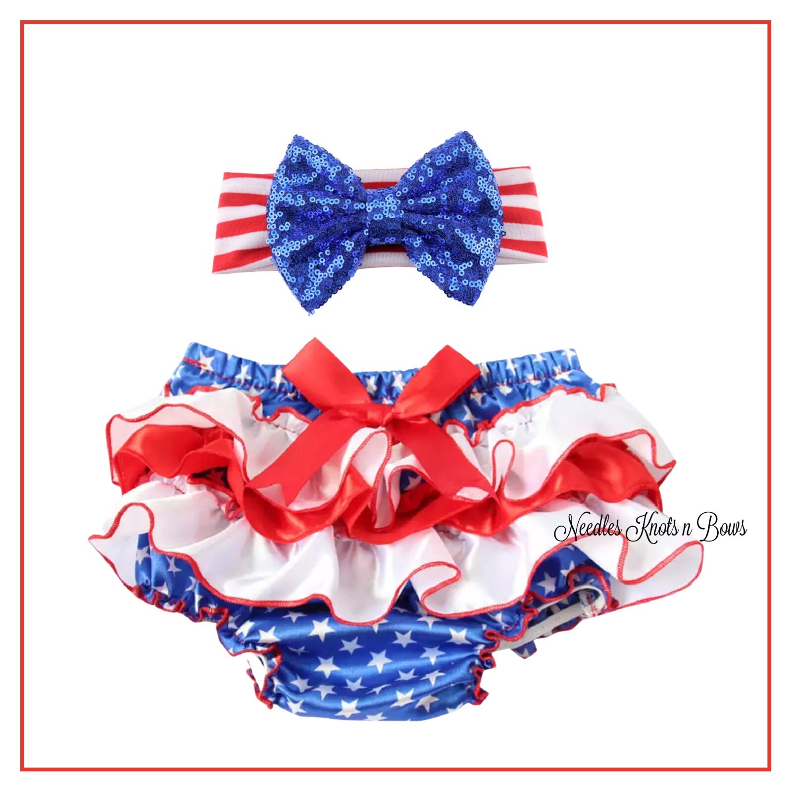 Baby Girls 4th of July Patriotic Ruffled Bloomers & Sequin Bow Headband Set