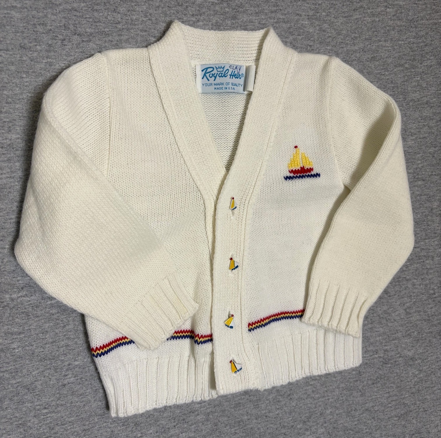 Royal Heir Cardigan 24mo Sailboat Buttons Acrylic Off White w/ Red Yellow Blue