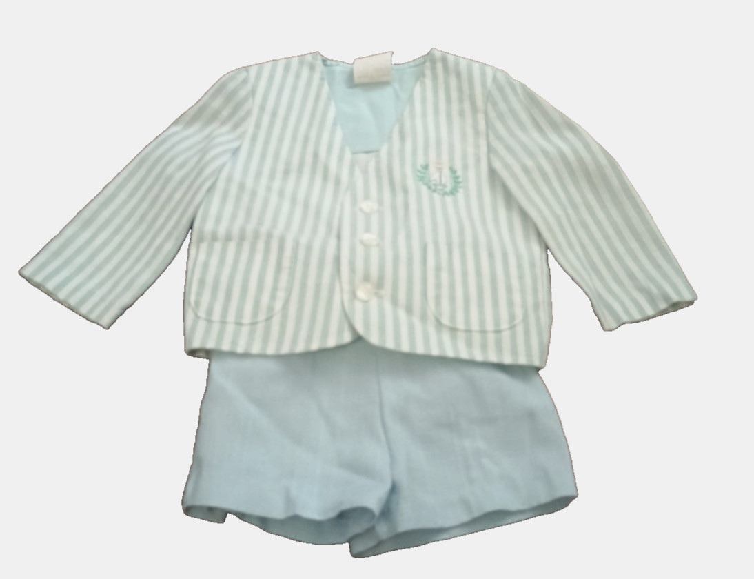 Vtg Set White Green Blue Striped 2T Toddler 60s embroidered Jacket & shorts USA