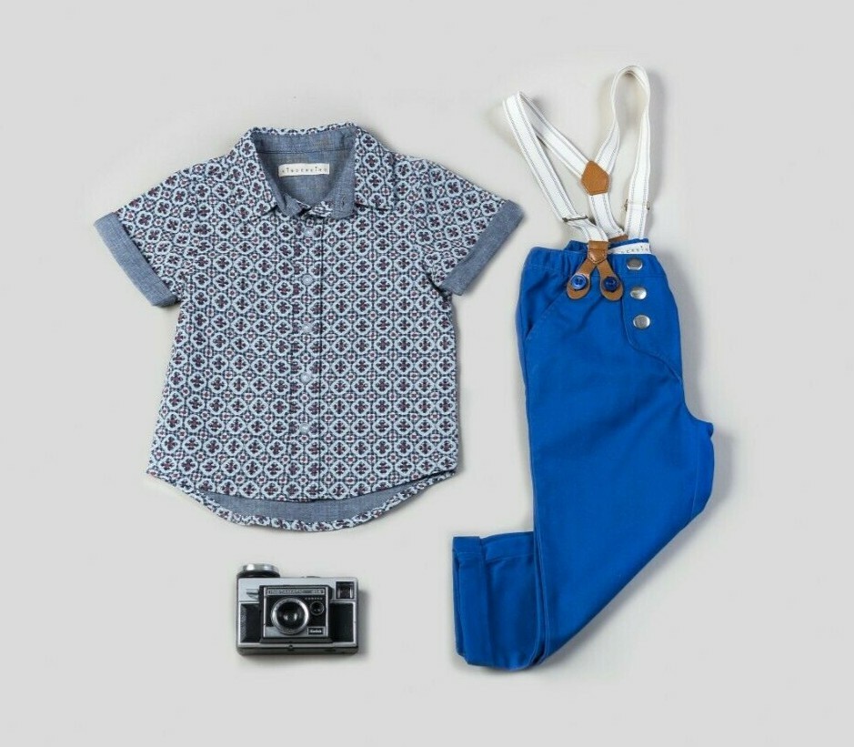 Lot of 4 items: Short Sleeve Button Up Shirt and Blue Pants with Suspenders Set