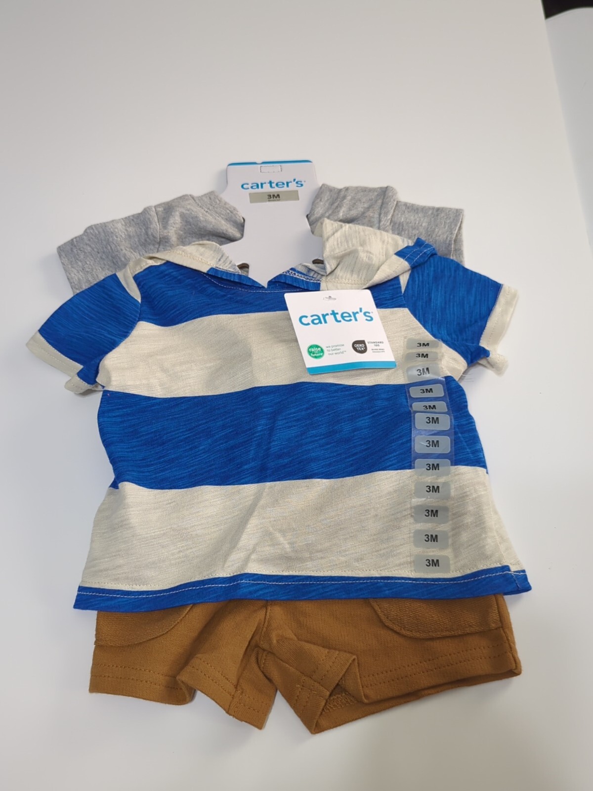 NEW Carter’s 3 Piece Set: Blue/Cream Hooded Shirt, Brown Shorts, Gray Tshirt 3M