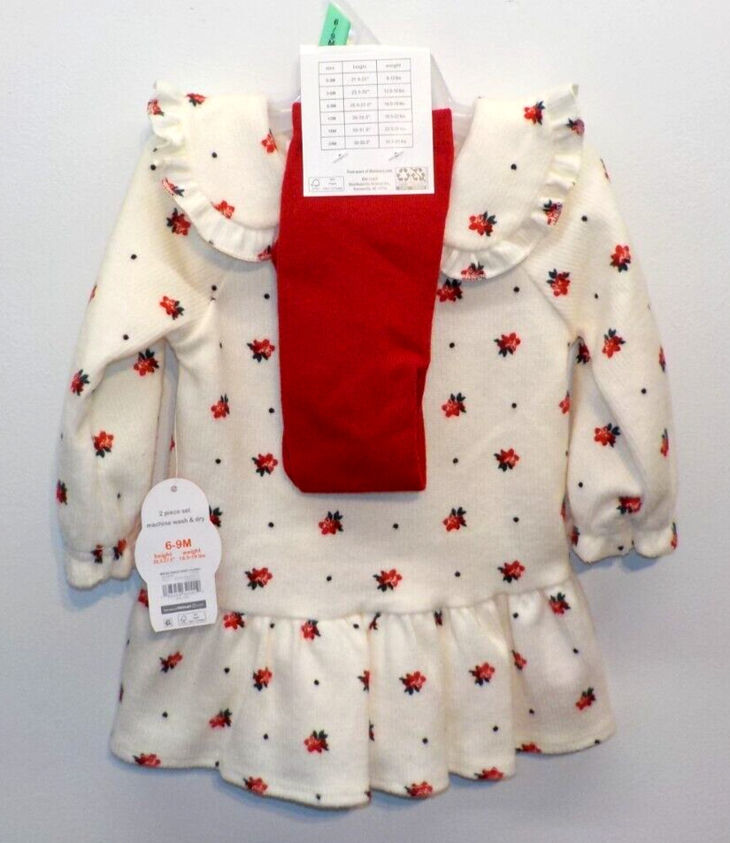 Wonder Nation Girl Christmas 2-Piece Ivory Dress & Red Footed Tights 6-9 Months