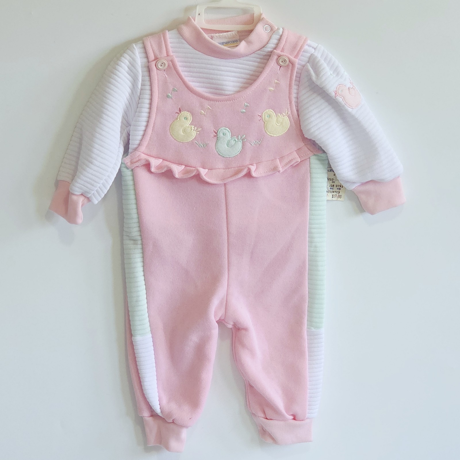 NEW Pink Baby Shirt & Overalls 2 Piece Set 6-9 Months Ducks White Mothercare NWT