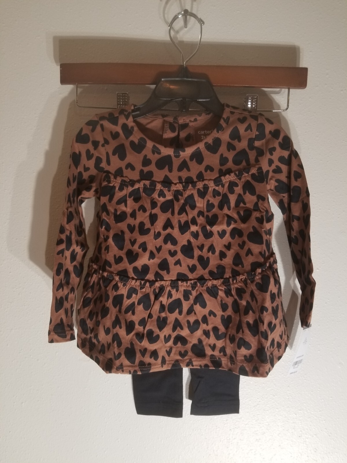 Carters Children Girl’s Set Brown Heart Top W/Black Pant Size 2T New With Tags