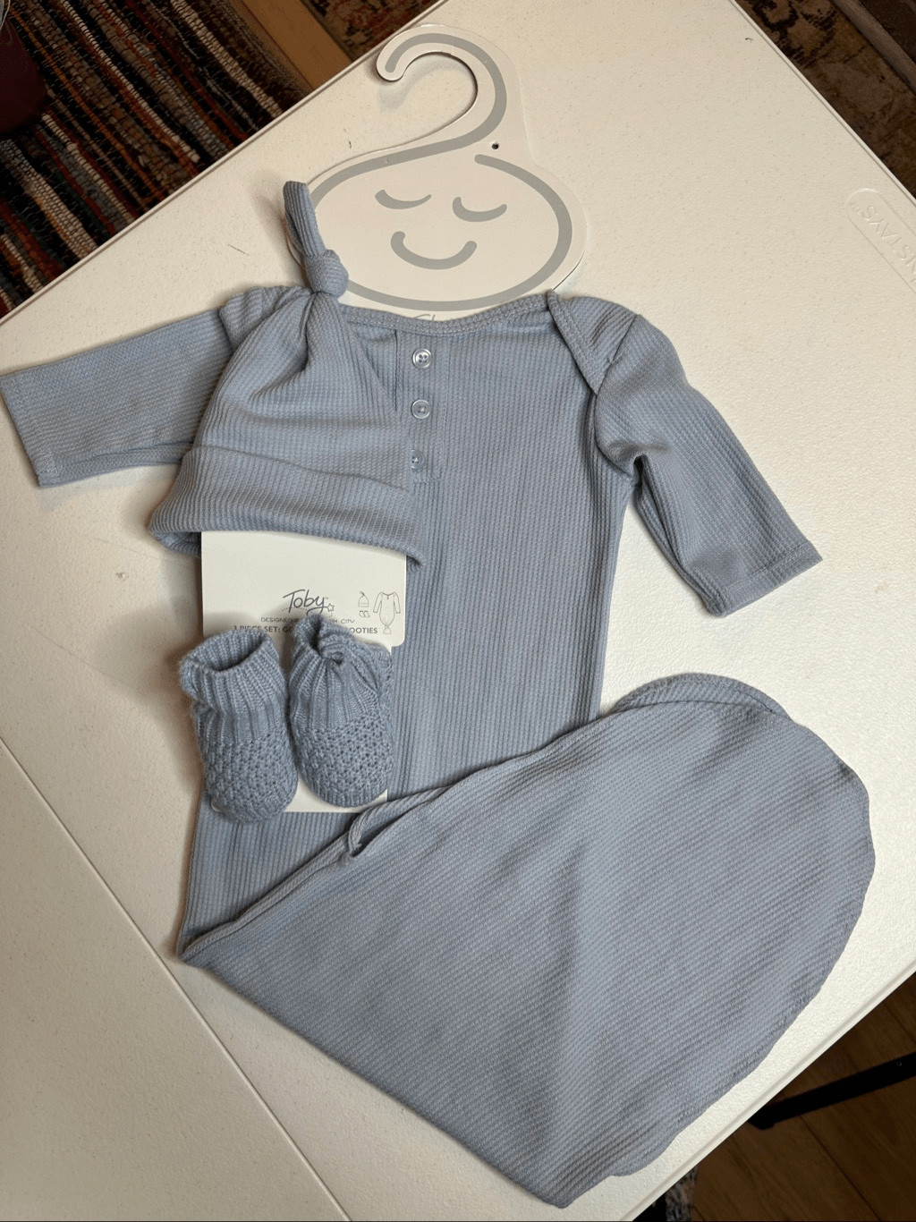 Toby Baby Light Blue 3 Piece Ribbed Knot Gown Hat & Booties Set Newborn NWT