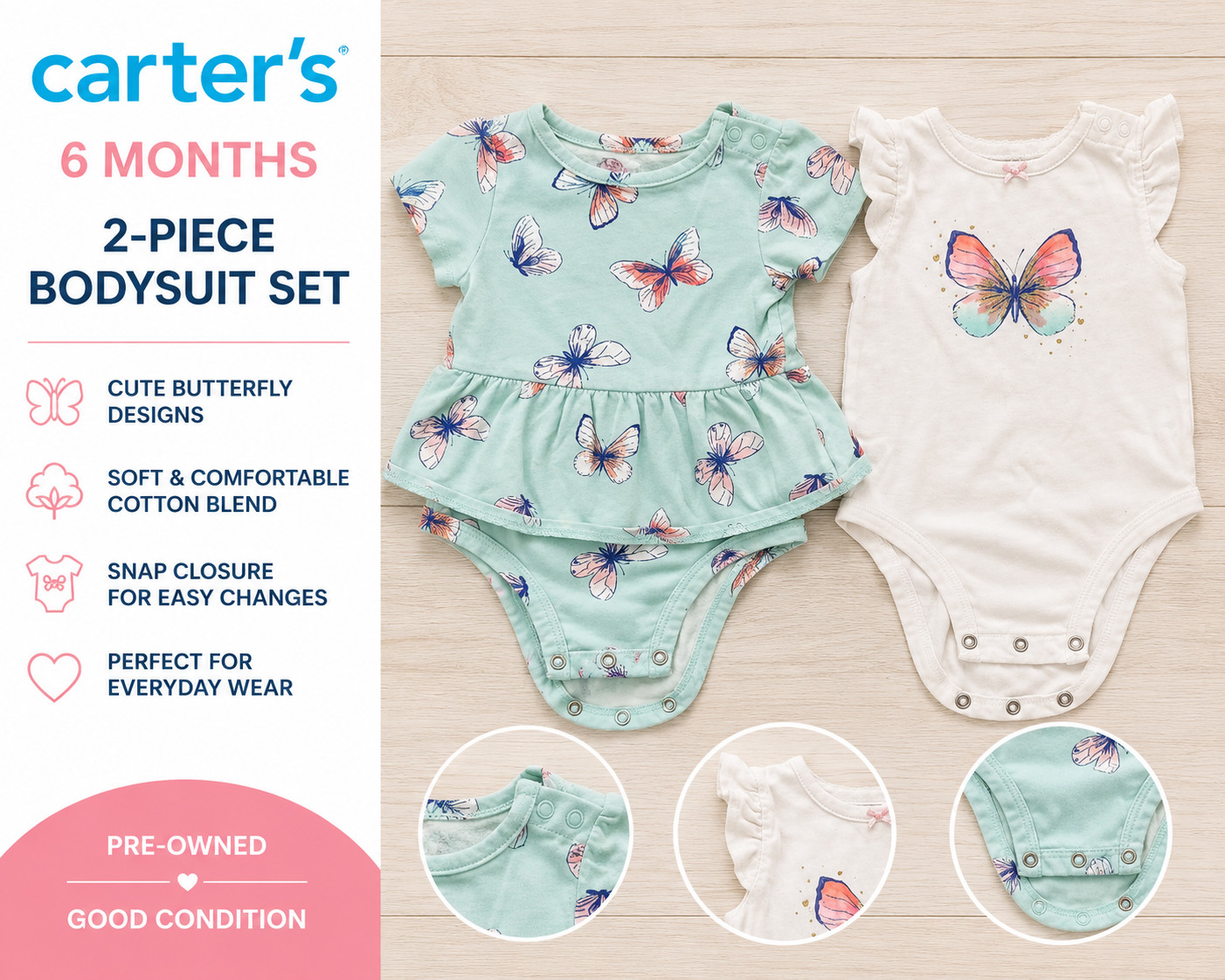 Carter’s Baby Girls 2 Pc Bodysuit Set 6M Butterfly Print Flutter Sleeve Lot