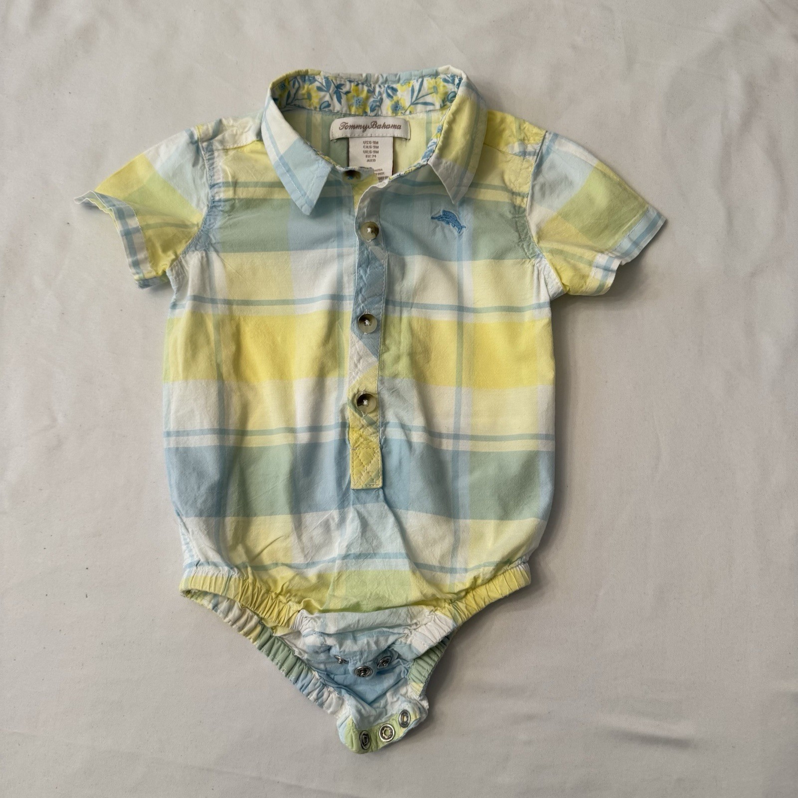 TOMMY BAHAMA Baby Boy Collared Pastel Plaid Outfit w/Embroidered Logo SZ 6-9 Mos