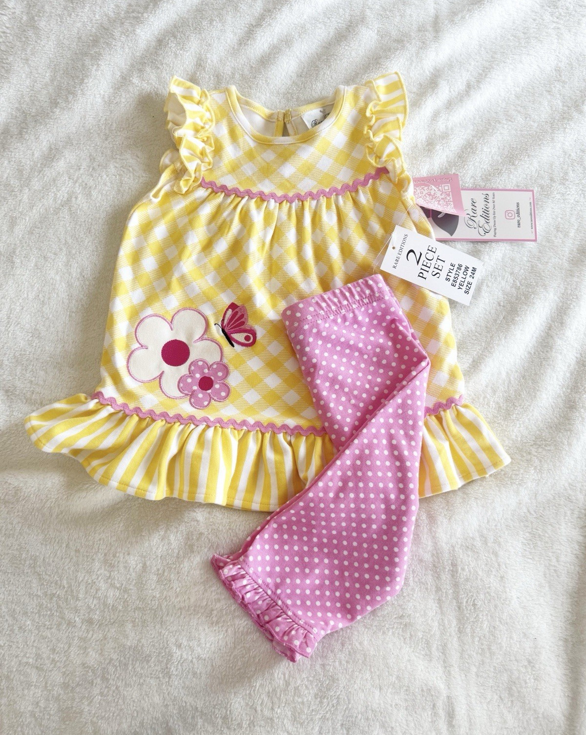 Rare Editions Girls 24M 2pc Cotton Knit Gingham Top Polka Dot Pants Ruffle