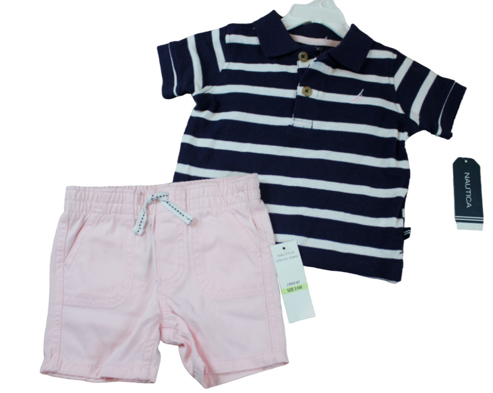 Nautica Shorts Set Navy Striped Pink 2-Piece Outfit Baby Girl Boy 3-6 months NWT