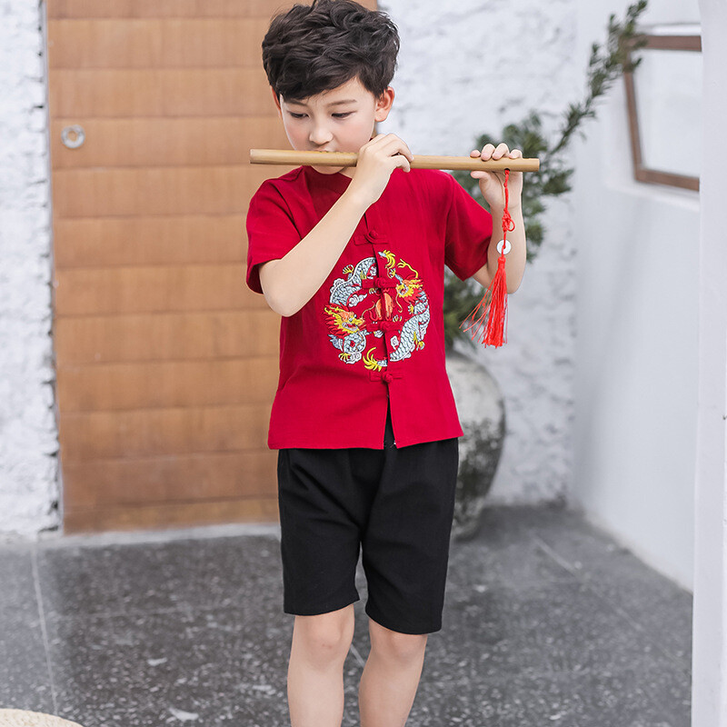 2Pcs Chinese Ancient Hanfu Kids Boy Tang Suit Cotton Outfits Toddler Ethnic