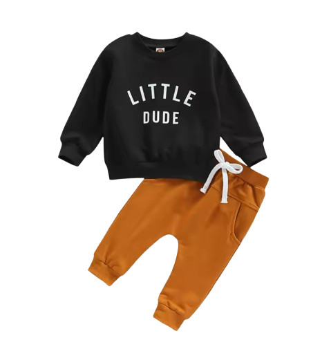 Baby Boy Beige Clothes Autumn Set Letter Print Sweatshirt Top Elastic Drawstring