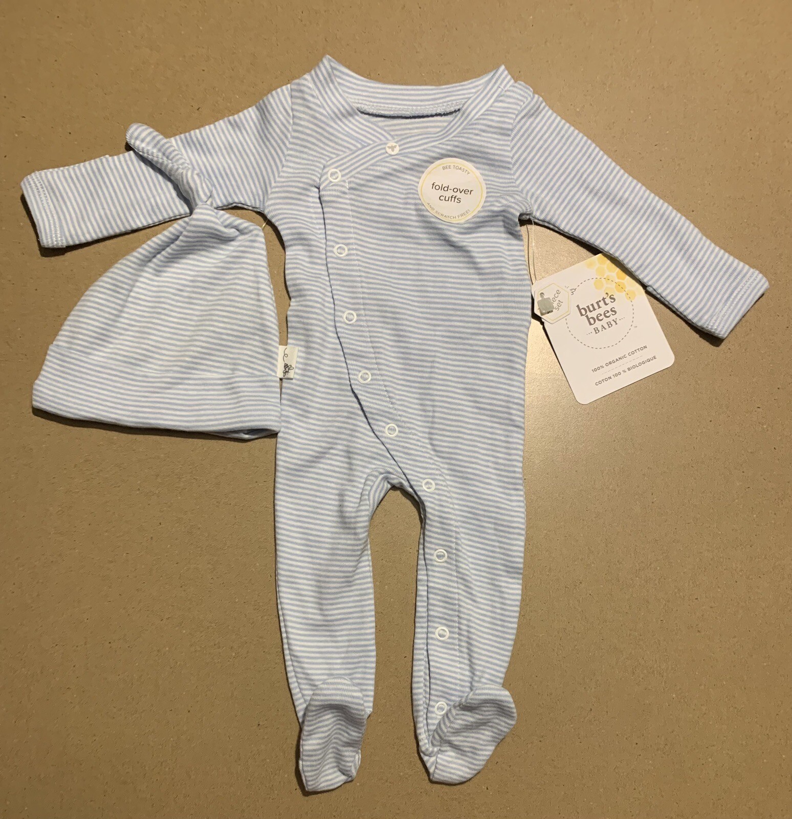 Lot of 4 Burt’s Bees Micro Stripe Organic Cotton Jumpsuit Knot Hat Set Preemie