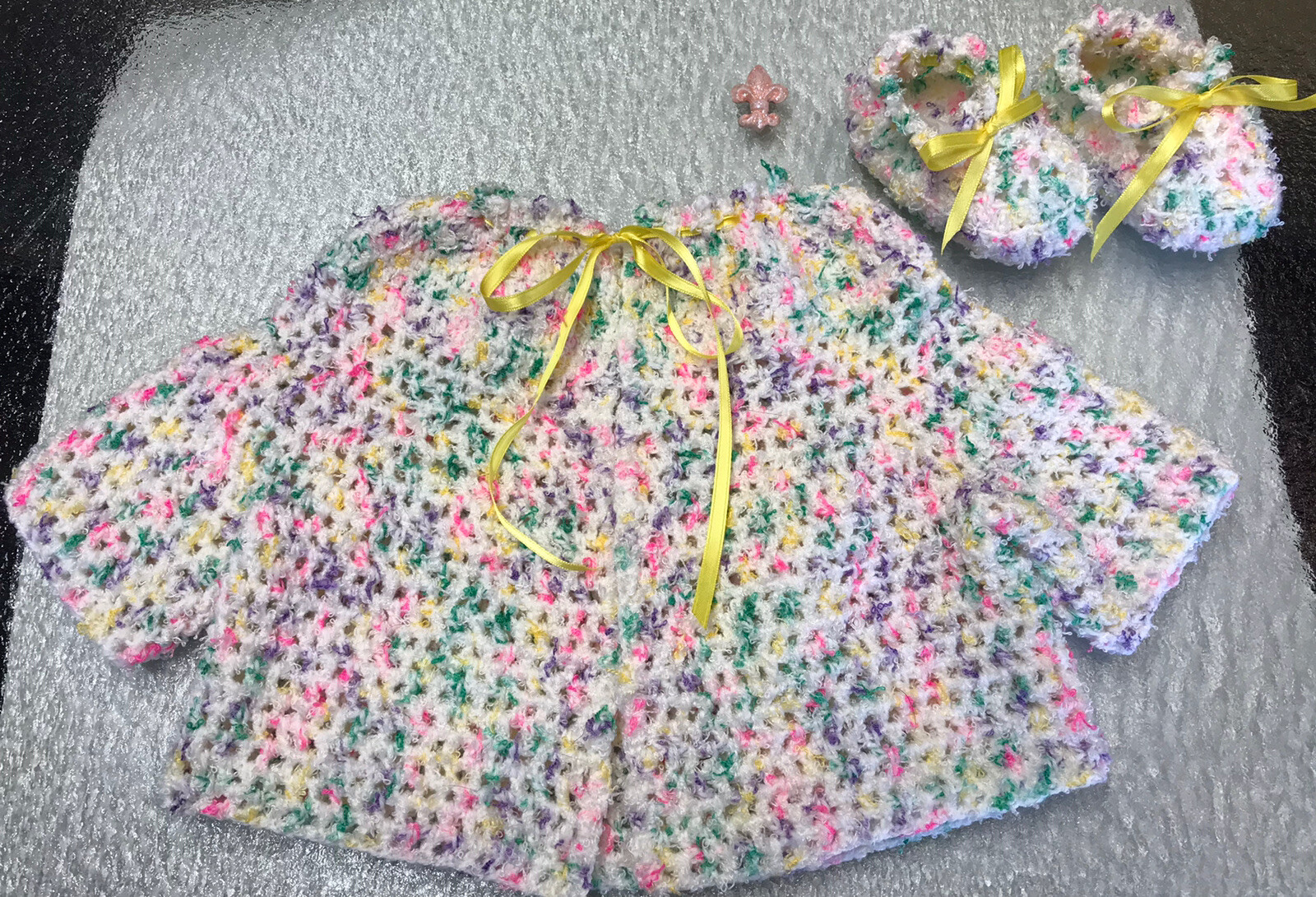 Baby Booties & Jacket Crochet Handmade Newborn Gift 3-9 Month Multi Colors