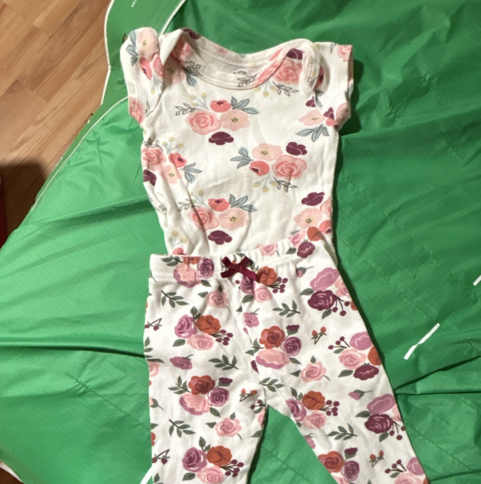 Floral Short Sleeve Bodysuit & Pants Set with Bow Accent, Multicolor, 2 Piece