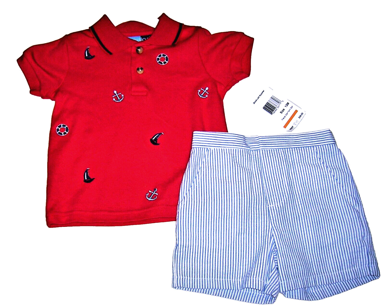 2pc Set ⛵NWT Good Lad 12M Boys Nautical Polo Shorts Sailboats Red Blue Patriotic