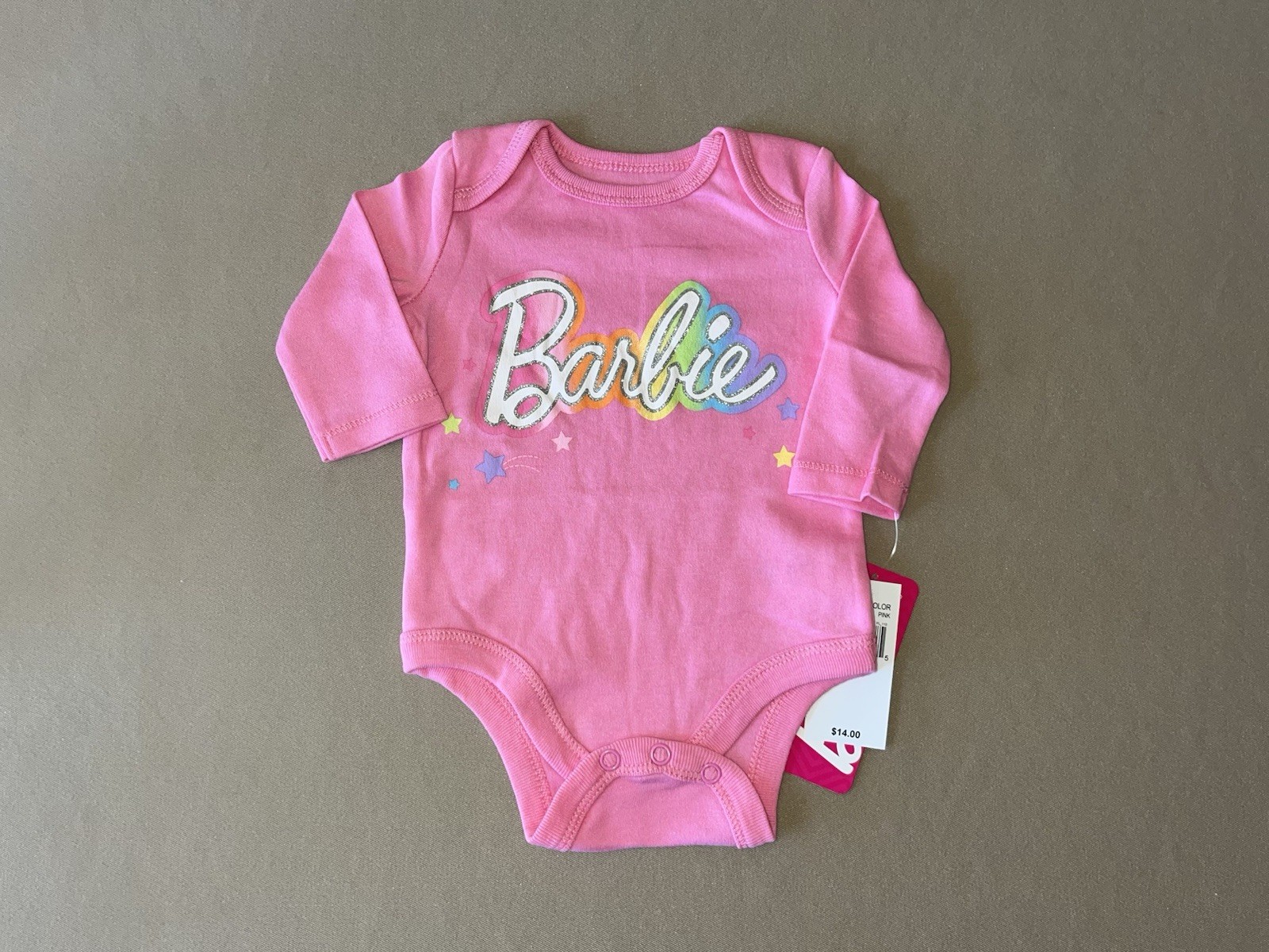 Dark Pink Baby Girls Barbie 6 Months Glittered One-Piece Bodysuit, New With Tags