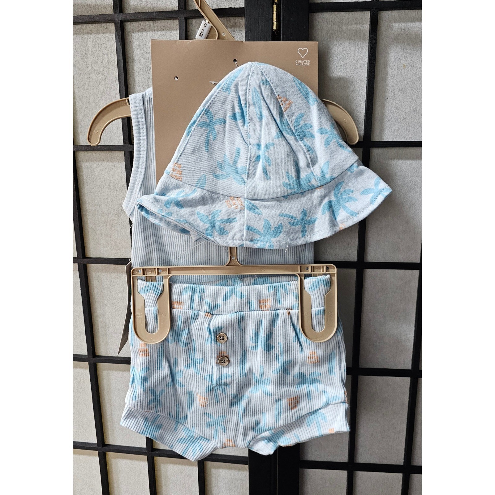 CHICKPEA 3 Piece Palm Tree Tank Shorts Hat Set 0-3M Blue Tropical NWT