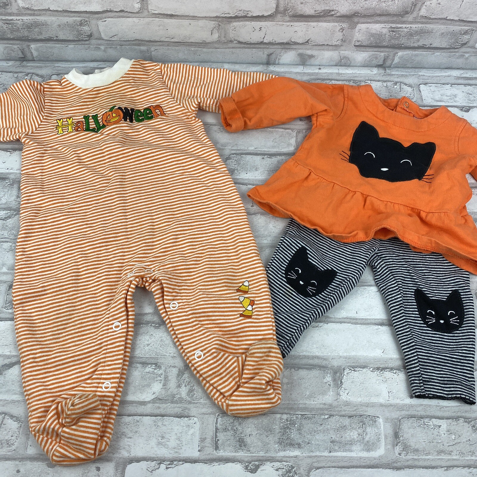 Halloween Baby Girl Fall Outfits 6 Months 2 Pc Set Bodysuit Black Cat Pumpkin