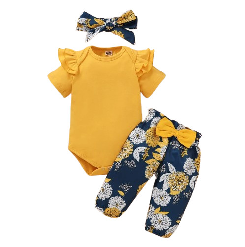 Newborn Baby Girl 3PCS Bodysuit Floral Pants Bow Headband Set 0-18M