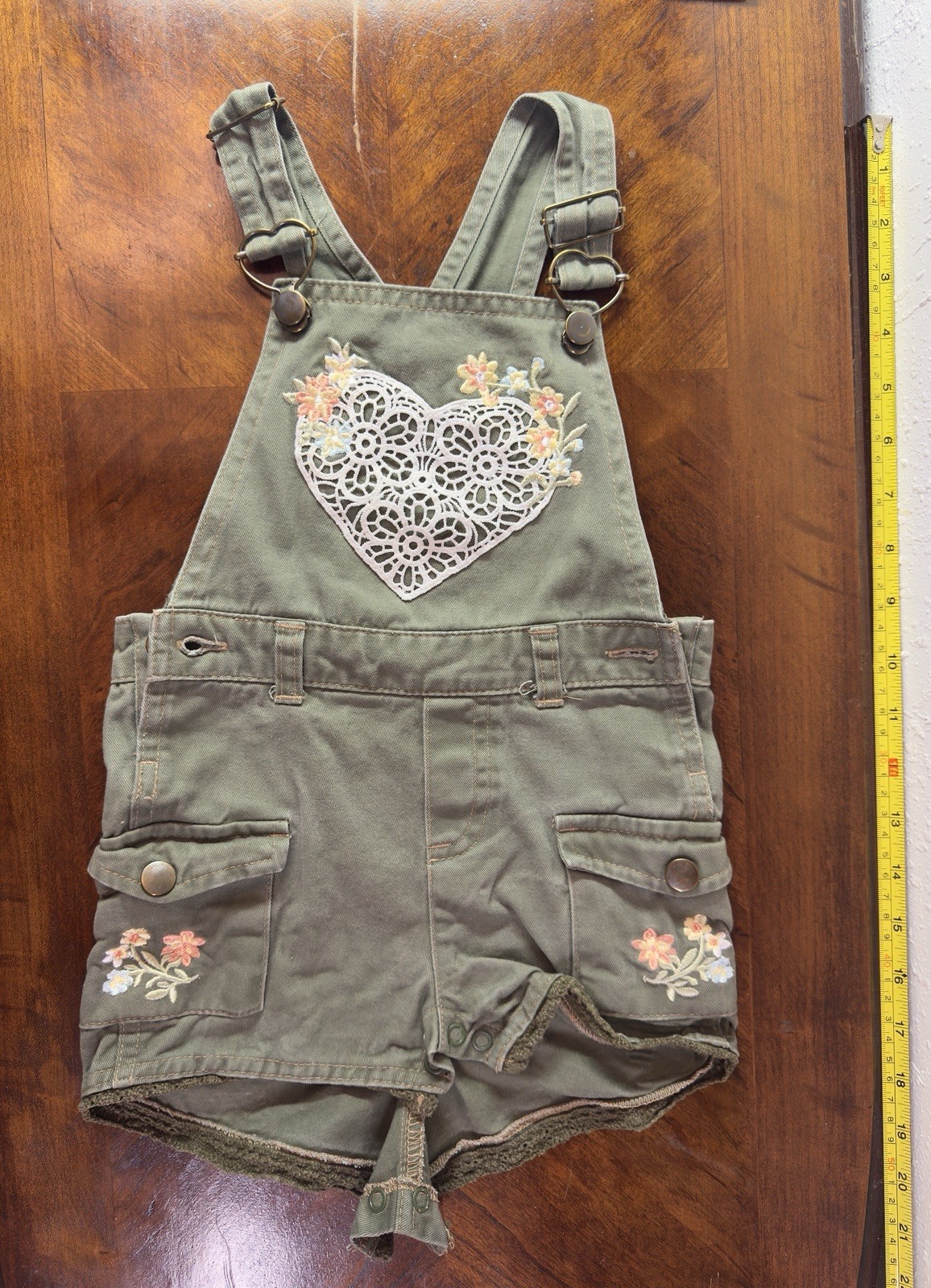 Green Floral Heart Embroidered Lace Overall Outfit 24M Adjustable Straps